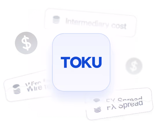 Blue text TOKU surrounded by blurred financial terms and icons.