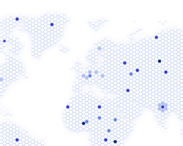 Stylized world map formed by blue hexagonal dots.