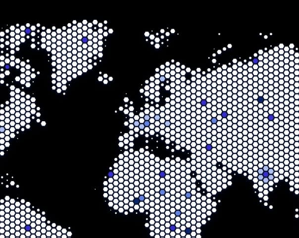Stylized world map formed by blue hexagonal dots.