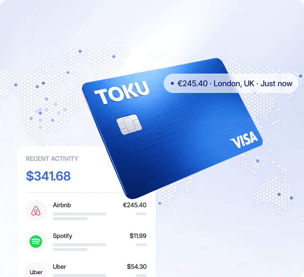 Toku Visa card with recent purchase activity